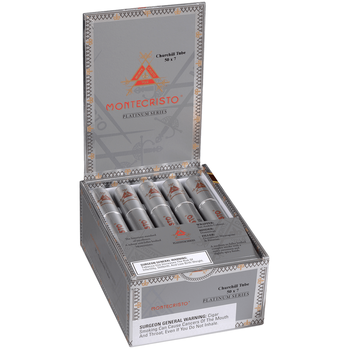 MONTECRISTO PLATINUM CHURCHILL TUBE 15 CT. BOX 7.00X50