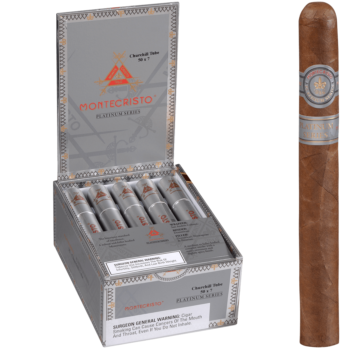 MONTECRISTO PLATINUM CHURCHILL TUBE 15 CT. BOX 7.00X50