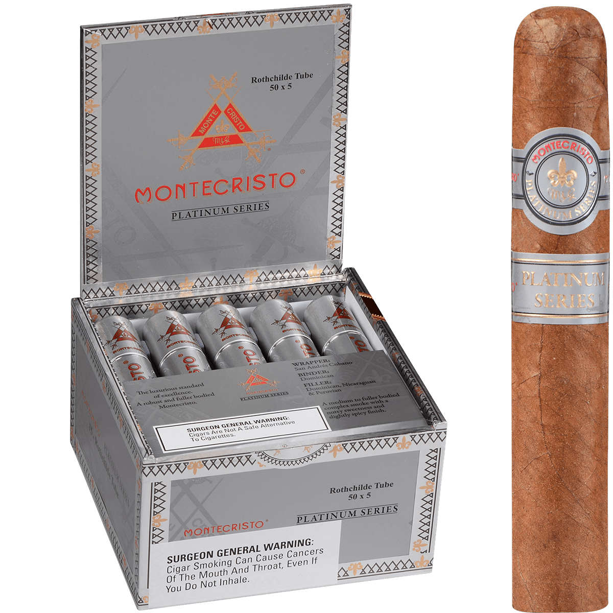 MONTECRISTO PLATINUM ROTHCHILDE TUBE 15 CT. BOX 5.00X50