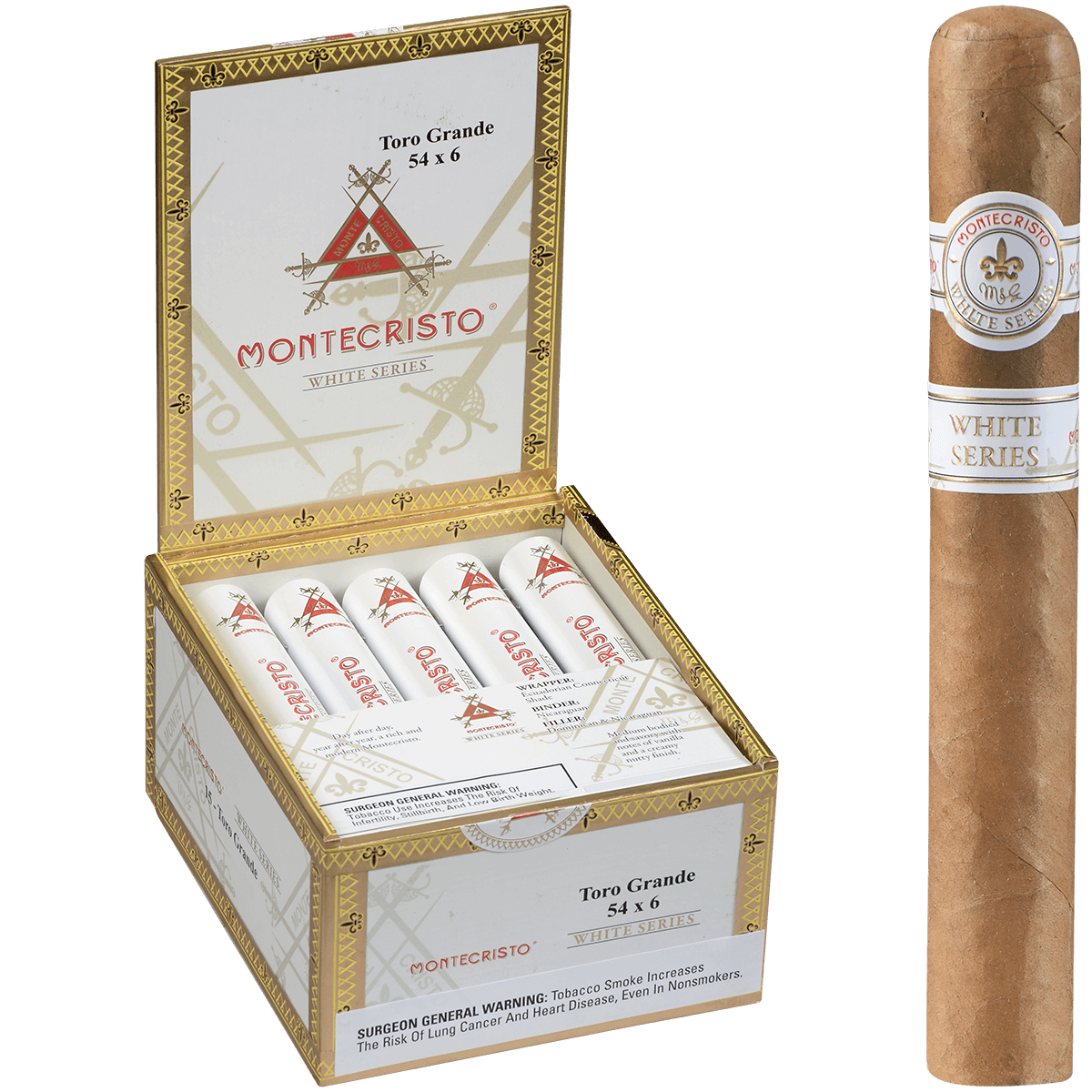 MONTECRISTO WHITE TORO GRANDE TUBE 15 CT. BOX 6.00X54