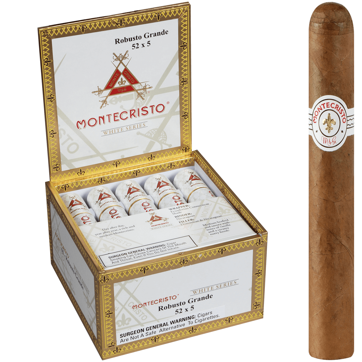 MONTECRISTO WHITE ROBUSTO GRANDE TUBE 15 CT. BOX 5.00X52