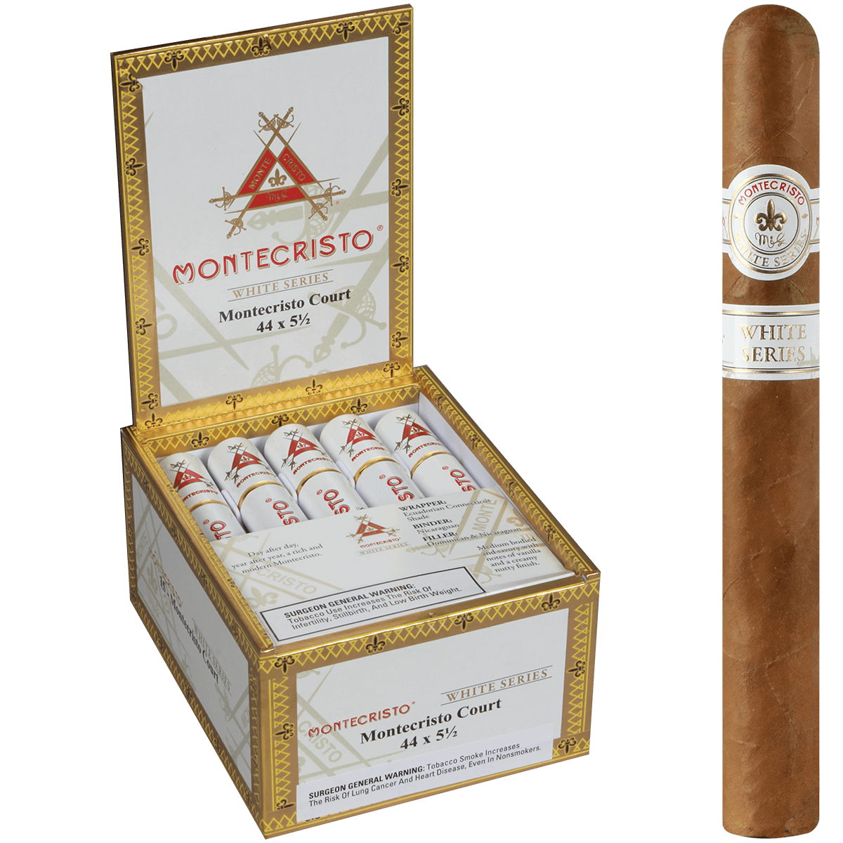 MONTECRISTO WHITE MONTECRISTO COURT TUBE 15 CT. BOX 5.50X44