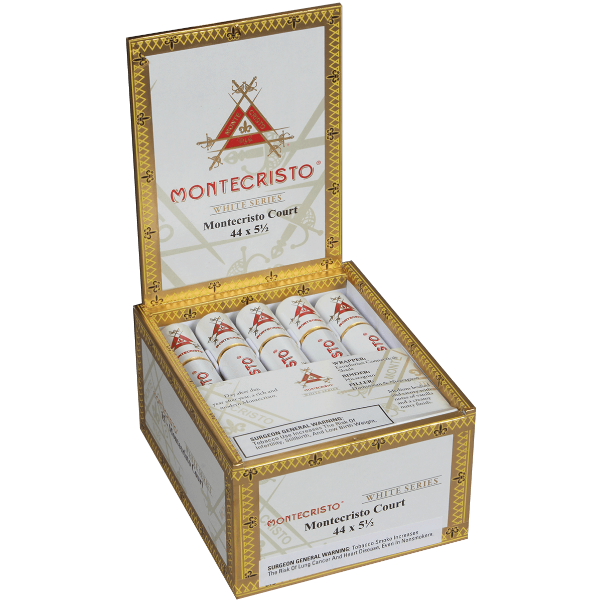 MONTECRISTO WHITE MONTECRISTO COURT TUBE 15 CT. BOX 5.50X44