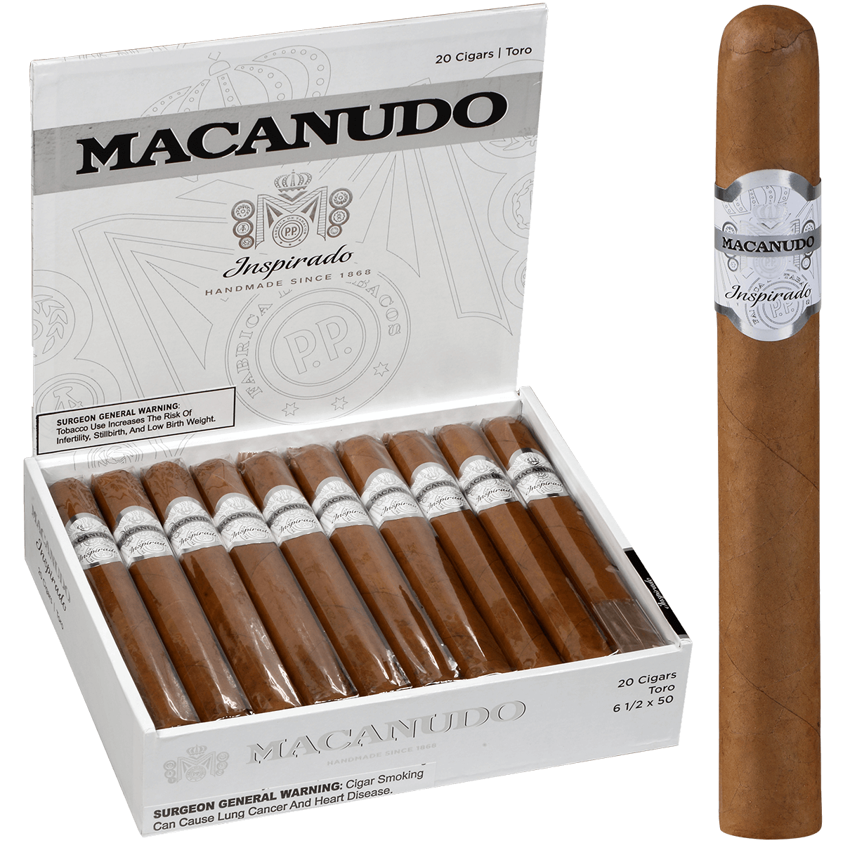 MACANUDO INSPIRADO WHITE TORO 20 CT. BOX 6.50X50