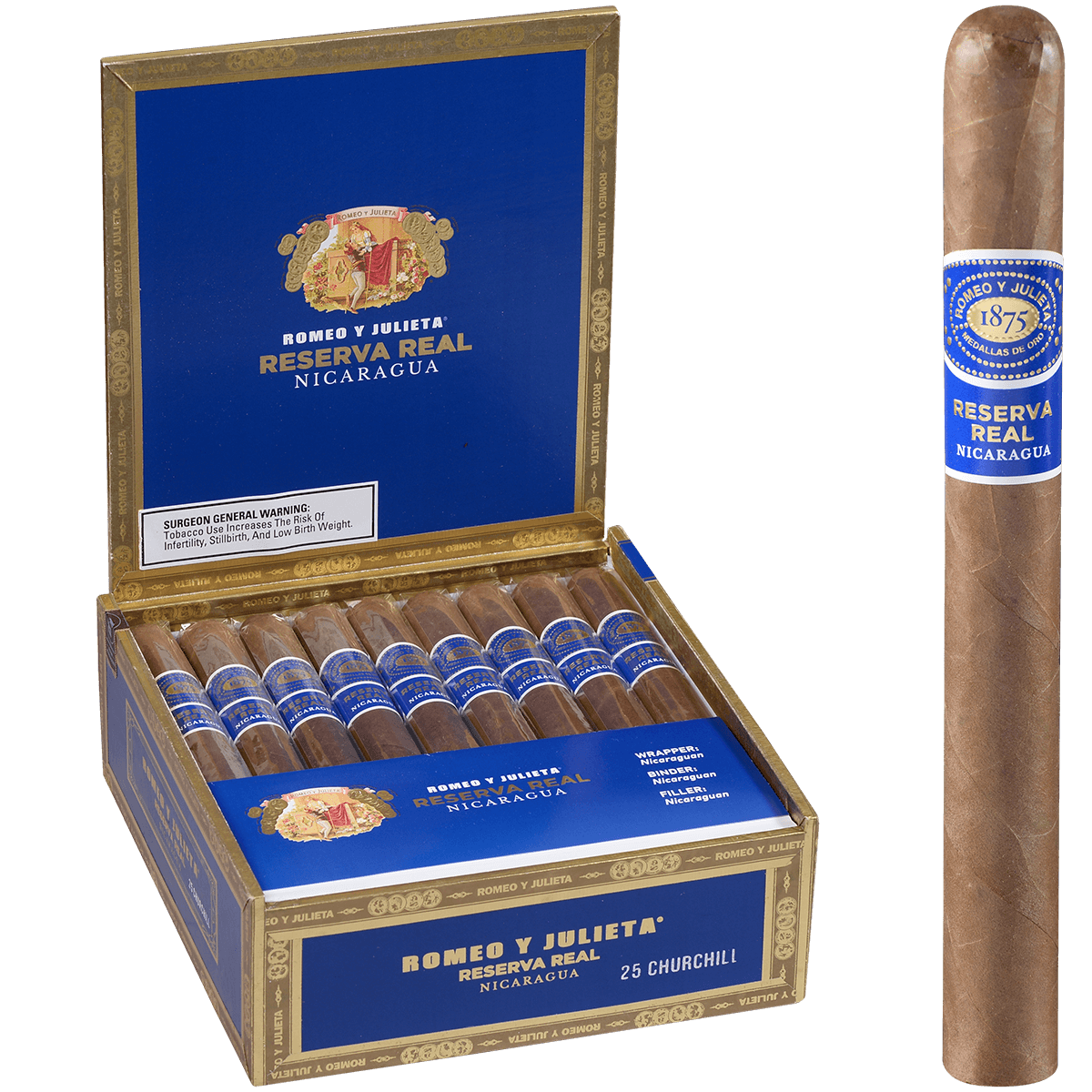 ROMEO Y JULIETA RESERVA REAL NICARAGUA CHURCHILL 25 CT. BOX 7.00X50
